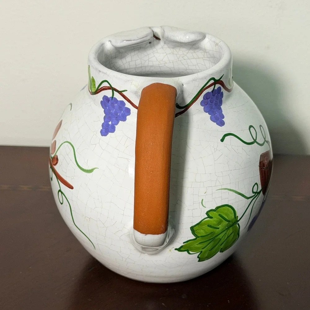 Vintage Portugal Hand Painted Ceramic Pitcher Grape Vine Crackle Glaze Vase